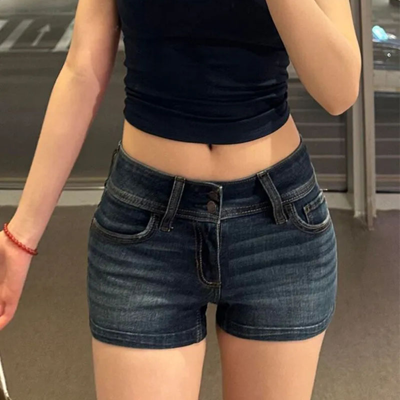 Denim Shorts Women - レディース ディープブルー レトロ Y2K ジーンズショーツ セクシー
