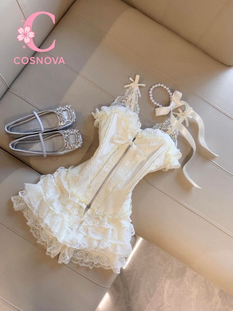 Corset Top Boned - キュートな欲望レースビスチェトップハイウエストミニケーキスカートセットセクシーコルセットキャミ冬服フリルチュールツーピースロリータスタイル