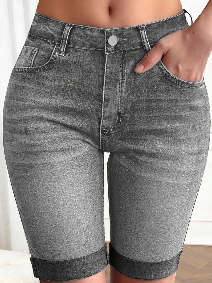Denim Shorts Women - レディース ウォッシュド ストレッチ スキニー サイクリング ショーツ