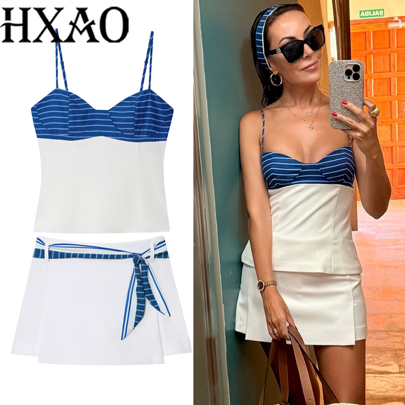 Corset Top Boned - HXAOボウストライプレディーススカートショートセットパッチワークスリップコルセットトップ女性用サマーアシンメトリーミニスカートセットビーチツーピースセット