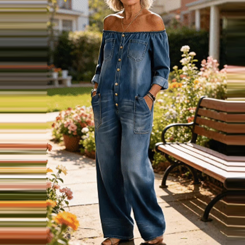 Women'S Fashion Vintage Off Shoulder Long Sleeve Jumpsuit - レディースファッションストリート長袖ルーズプレイスーツカジュアルポケットシングルブレストジャンプスーツエレガントオフショルダーソリッドデニムロンパース