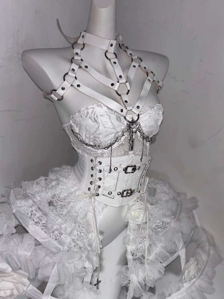 Corset Top Boned - ロリータコスチューム フラワーボーン ヘビークラフト ハンドメイド ピュアホワイト ゴシック