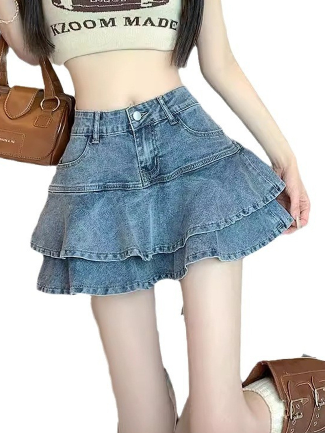 Denim Shorts Women - レディース ヴィンテージ ウォッシュドデニム レイヤード ラッフルスコート ハイウエスト