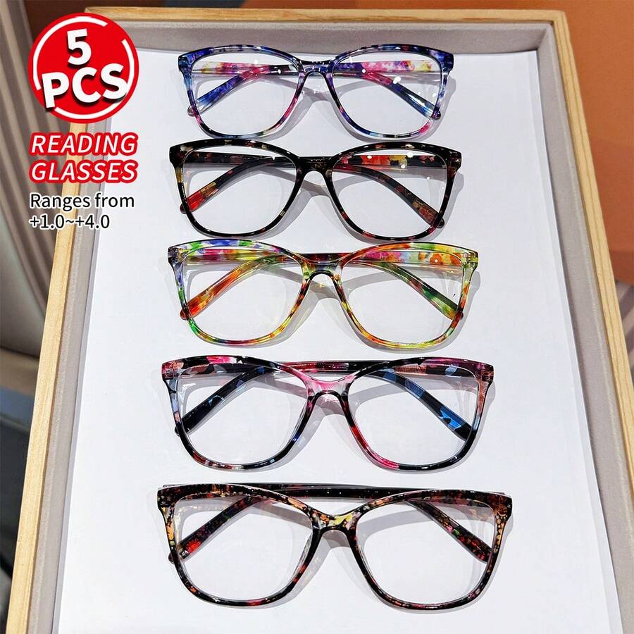 Women'S Fashion Reading Glasses - 5 ペアの女性用ファッション老眼鏡マルチカラーキャットアイ +1.0 ～ +4.0 老眼用