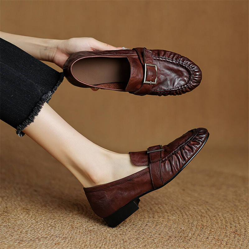 Women Fashion Store - 女性用本革モカシン,丸いつま先の靴,プリーツパンプス,厚手のヒール,ファッション,秋,新品