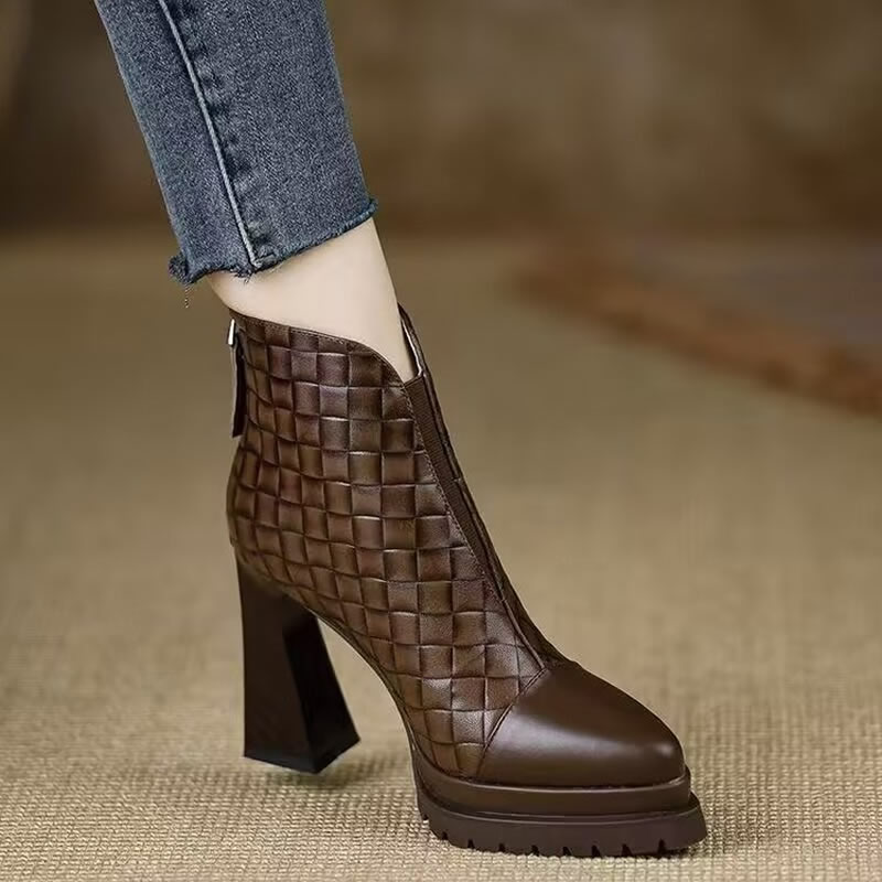 Women'S Fashion Rain Boots - レトロハイヒールまたはブーツ女性の本革ポインテッドトゥスリムブーツチャンキーヒール秋冬防水プラットフォーム