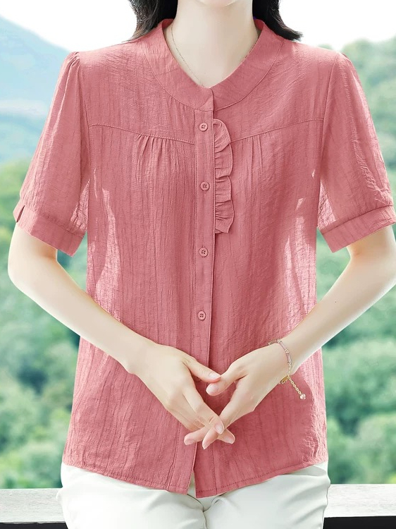 Women Fashion Over 40 - おしゃれなアイスシルクプリーツコットンリネン半袖シャツ レディース 夏 トレンド ルーズ レディースサマートップ