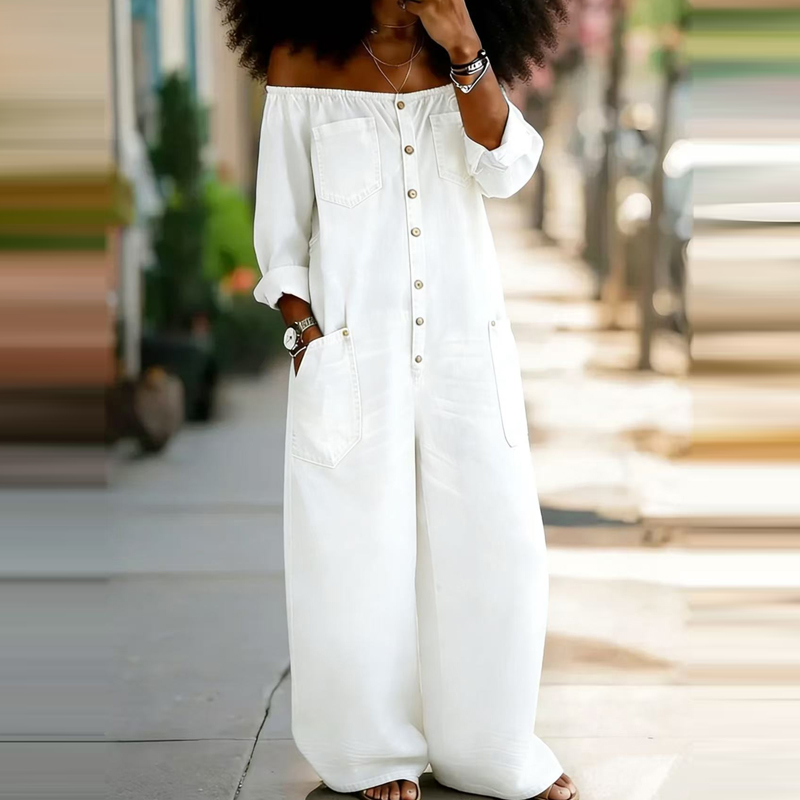 Women'S Fashion Vintage Off Shoulder Long Sleeve Jumpsuit - エレガントなオフショルダーソリッドデニムロンパース女性ファッションストリート長袖ルーズプレイスーツカジュアルポケットシングルブレストジャンプスーツ