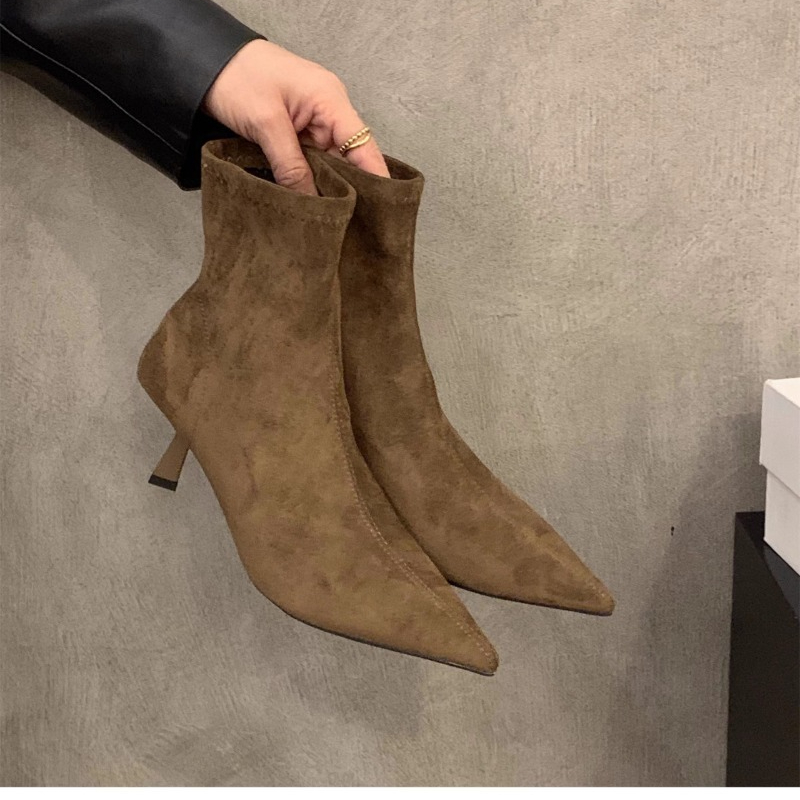 Women'S Fashion Socks - 女性のスエードストレッチアンクルブーツポインテッドトゥ薄いスティレットヒールソックブーツスリッポンエレガントなパーティードレスシューズファッションフットウェア