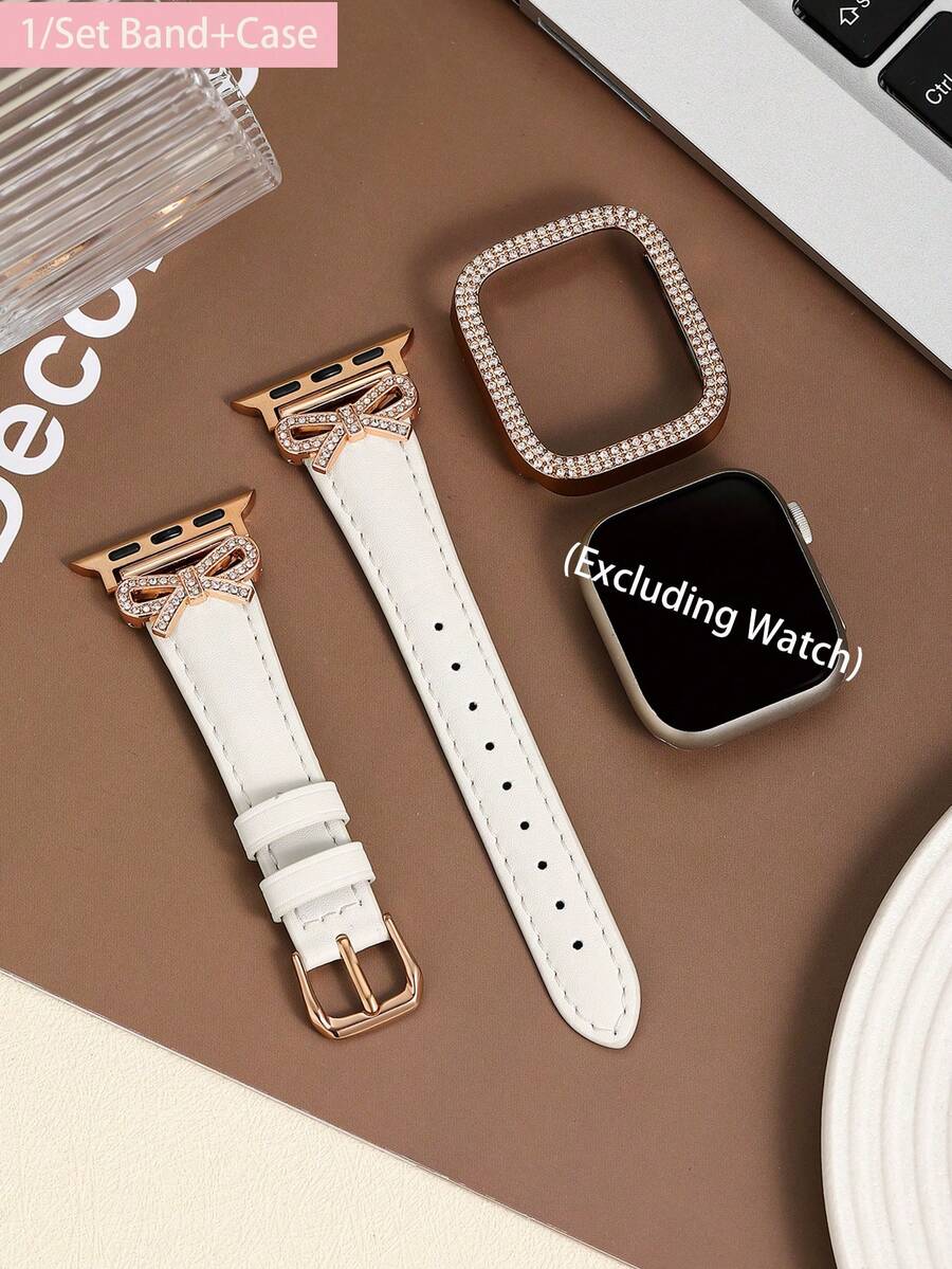 Women Fashion Over 40 - 1セット 高級ローズゴールド ダイヤモンドボウウォッチバンド ホワイト + シャイニーホローケース、Apple