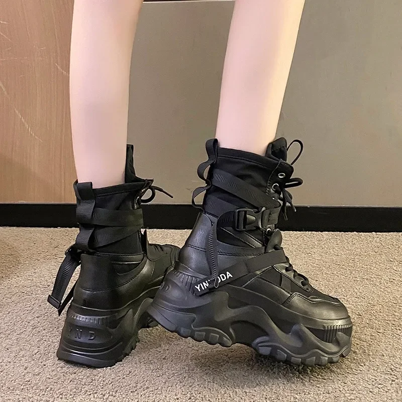 Women'S Fashion Socks - ファッション女性用チャンキープラットフォームバイクブーツ、ホワイトレースアップ厚底シューズ、女性用秋冬アンクルブーツ