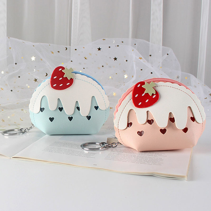 Coin Purse Women - かわいいイチゴアイスクリーム柄ミニコインケース、小銭入れ、レディースショートジッパーウォレット