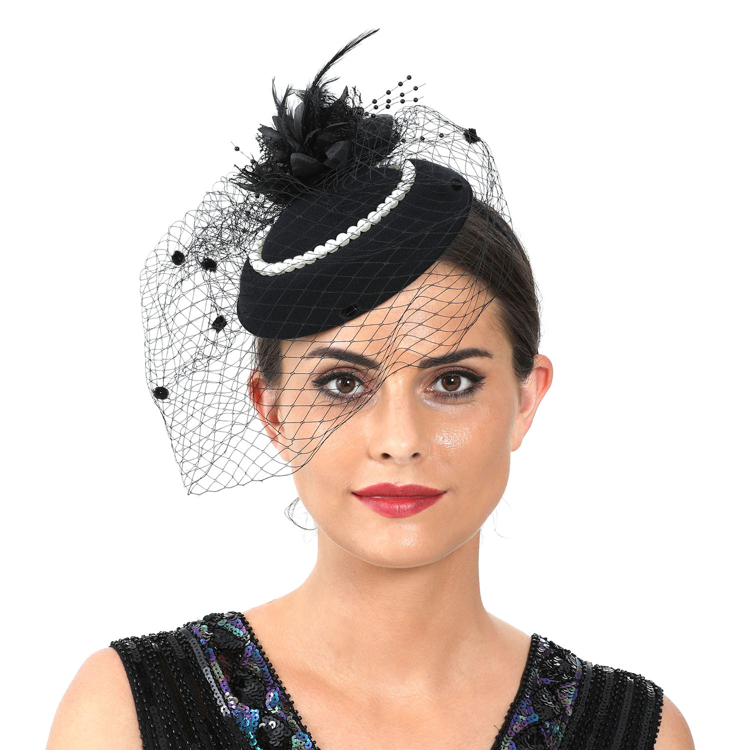 Women'S Fashion Kentucky Derby - 女性用フェザーファシネーターハット、ベール付き、パール付きスチュワーデスキャップ、パーティー、ケンタッキーダービー、ティーパーティー用ヘッドピース