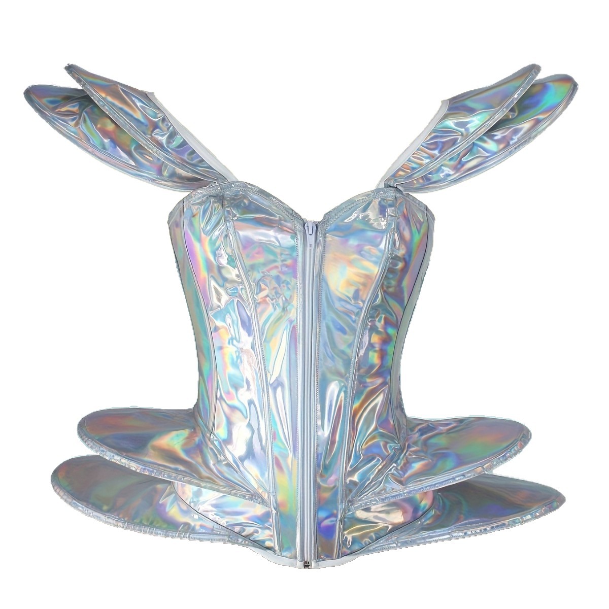 光沢のあるレーザーホログラフィックシルバーPU 3Dウィング - Corset Top Boned のレビューと価格