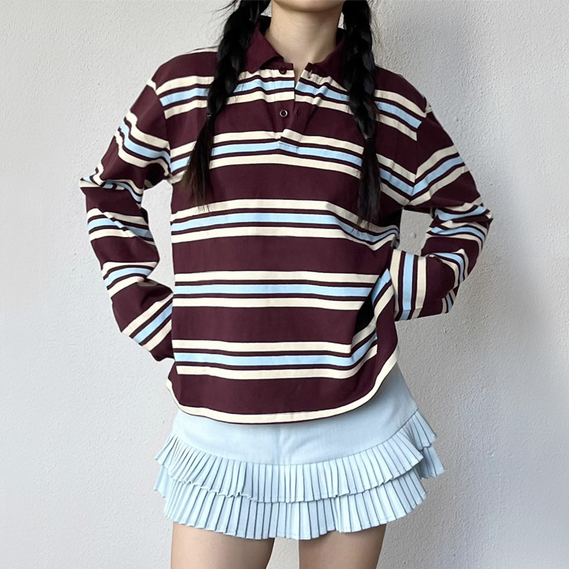 レディース ストライプ リラックス ラグビー ポロシャツ 長 - Women'S Fashion Rugby Top のレビューと価格