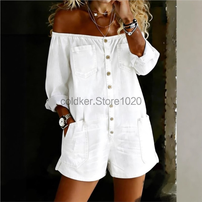 新しい女性カジュアルオフショルダーデニムオーバーオールジャン - Women'S Fashion Vintage Off Shoulder Long Sleeve Jumpsuit のレビューと価格