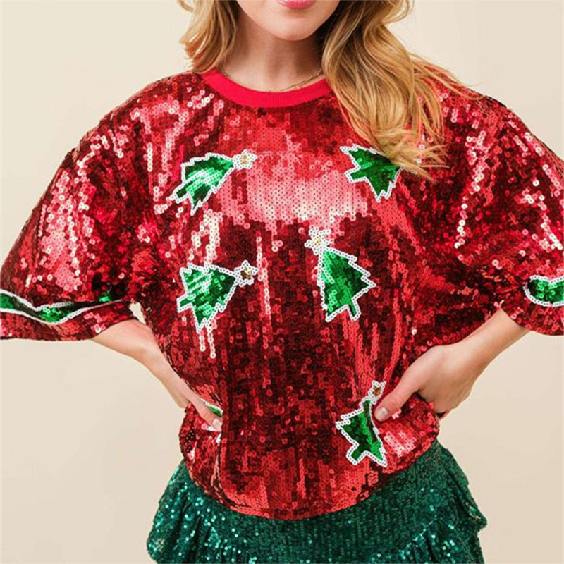 レディース夏のファッションスパンコール Tシャツ半袖クルーネ - Women'S Fashion Rugby Top のレビューと価格