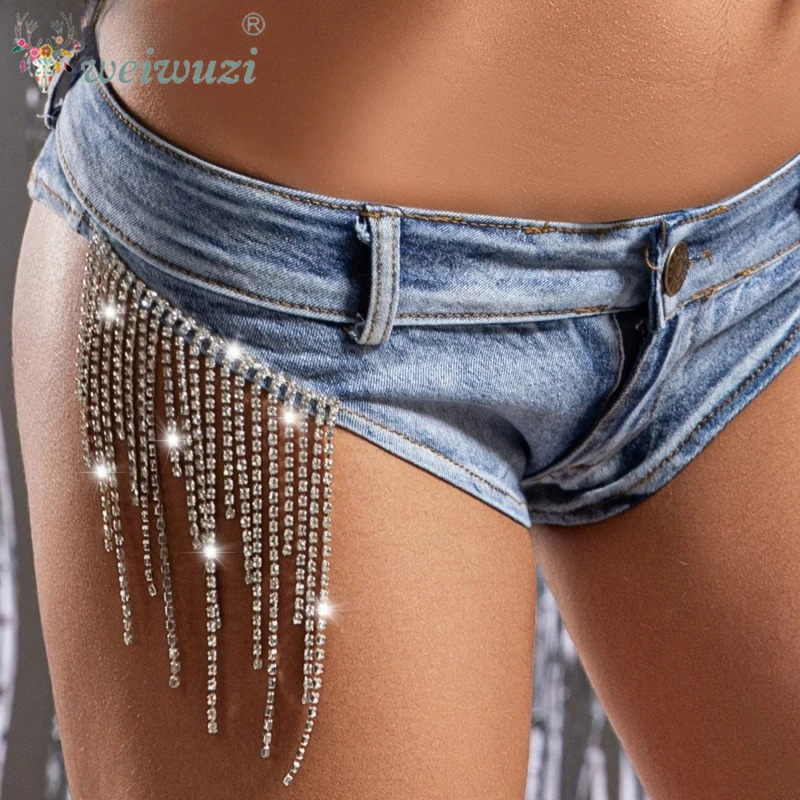 高級ダイヤモンドタッセル付きミニデニムショートパンツ、スパイ - Denim Shorts Women のレビューと価格
