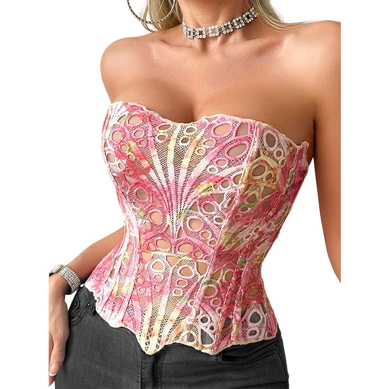 セクシーなボーン入りガーメントコルセット、透け感のあるメッシ - Corset Top Boned のレビューと価格