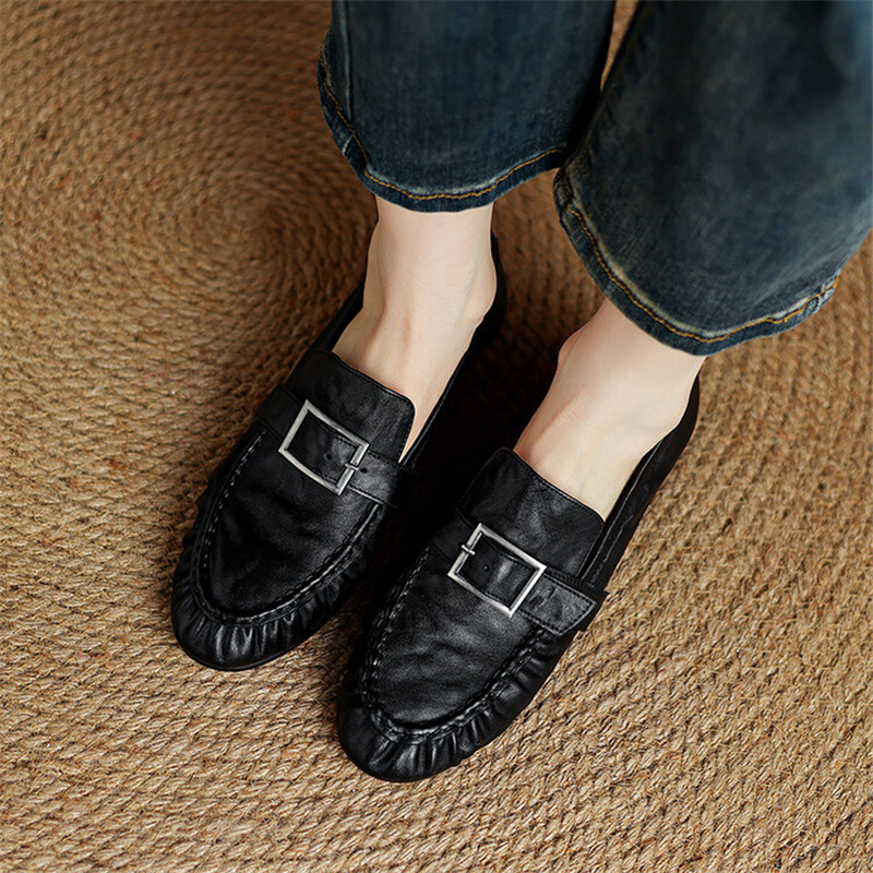 女性用本革モカシン,丸いつま先の靴,プリーツパンプス,厚手の - Women Fashion Store のレビューと価格