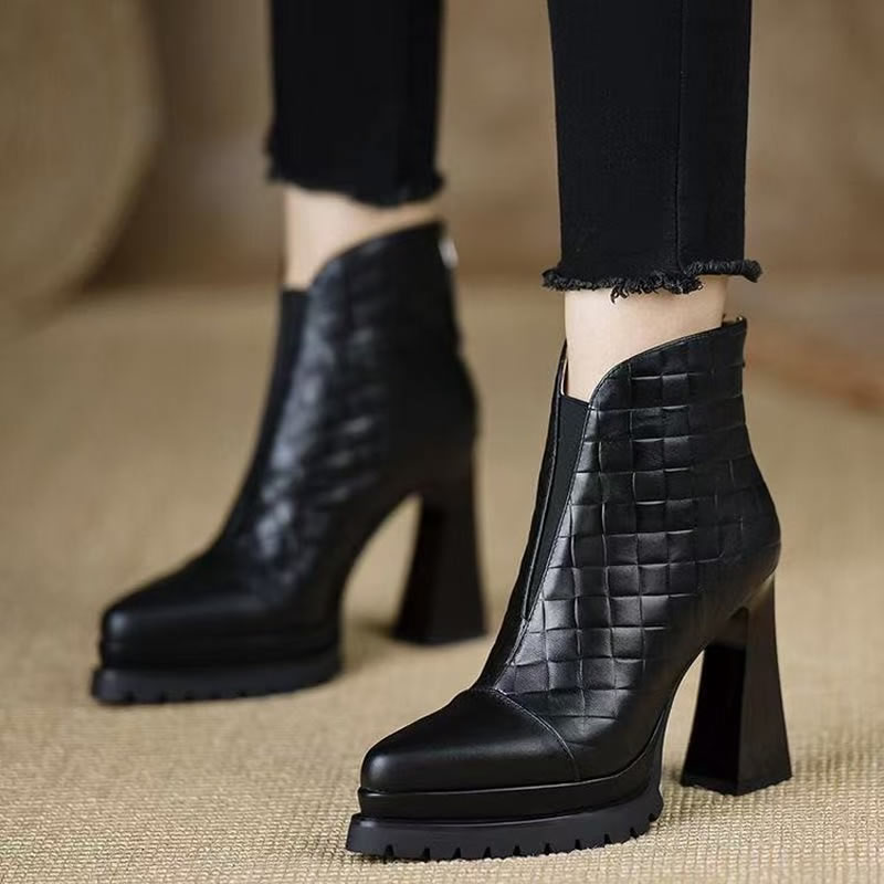 レトロハイヒールまたはブーツ女性の本革ポインテッドトゥスリム - Women'S Fashion Rain Boots のレビューと価格