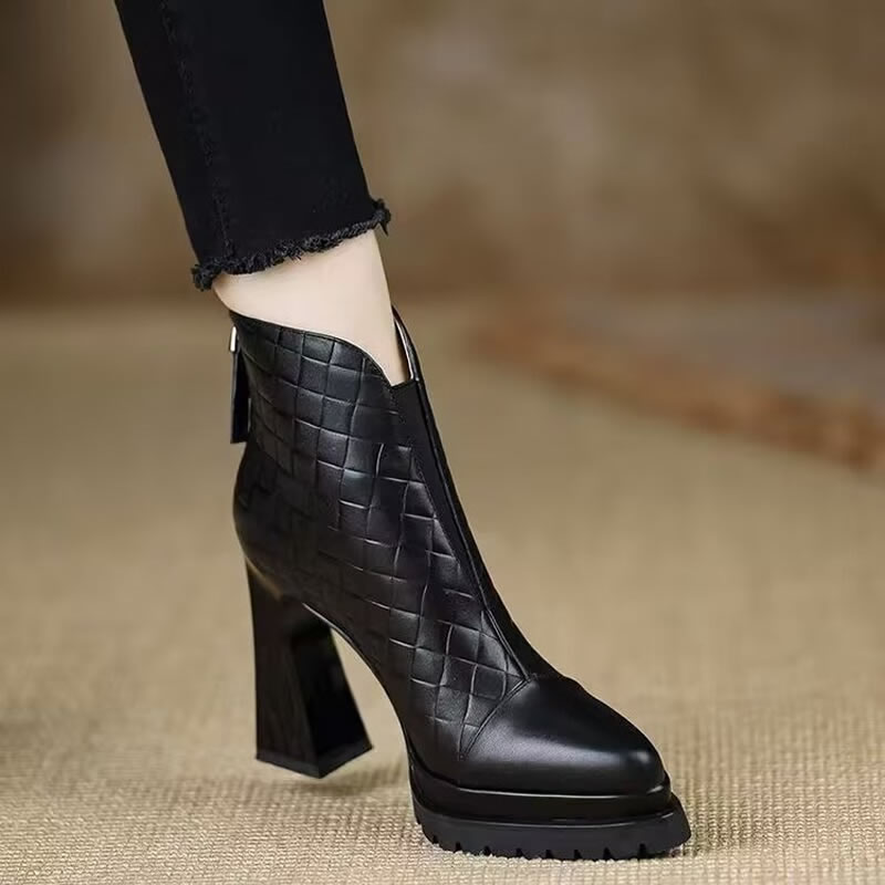レトロハイヒールまたはブーツ女性の本革ポインテッドトゥスリム - Women'S Fashion Rain Boots のレビューと価格