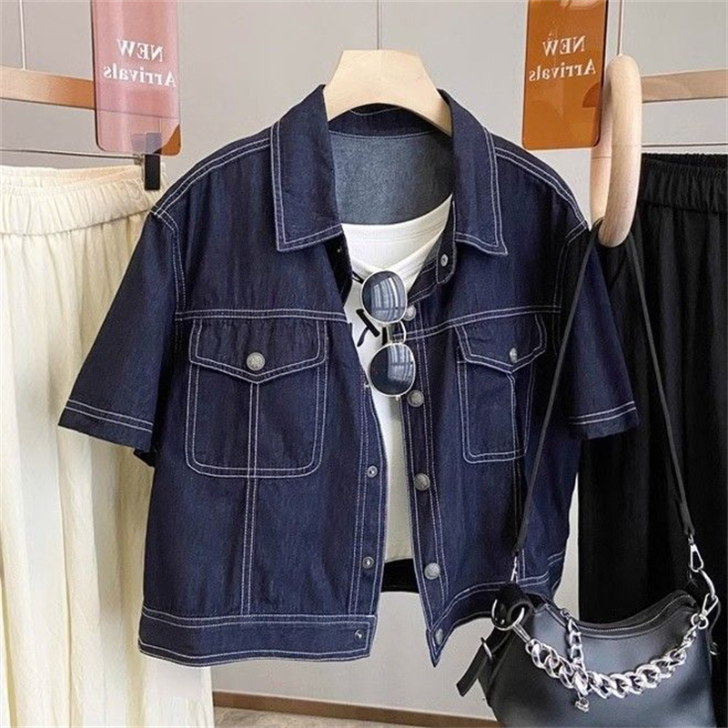 2025 夏の女性のスリムフィット半袖襟デニムジャケット薄い - Denim Shorts Women のレビューと価格
