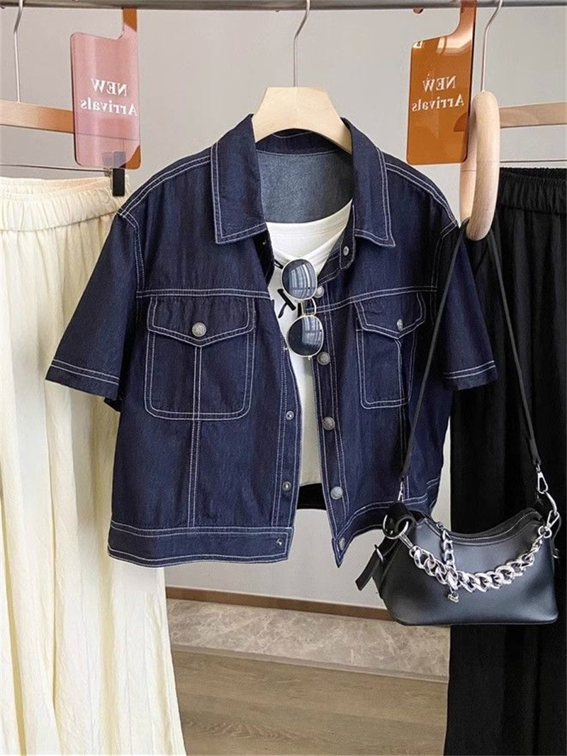 2025 夏の女性のスリムフィット半袖襟デニムジャケット薄い - Denim Shorts Women のレビューと価格