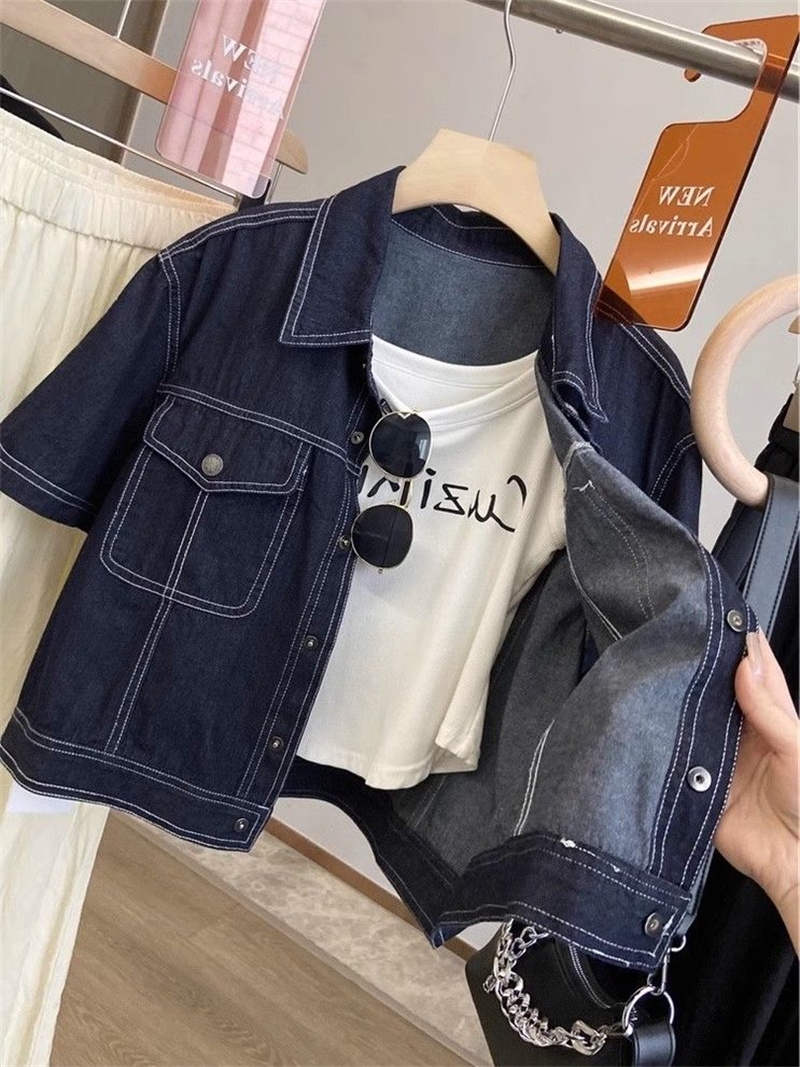 2025 夏の女性のスリムフィット半袖襟デニムジャケット薄い - Denim Shorts Women のレビューと価格
