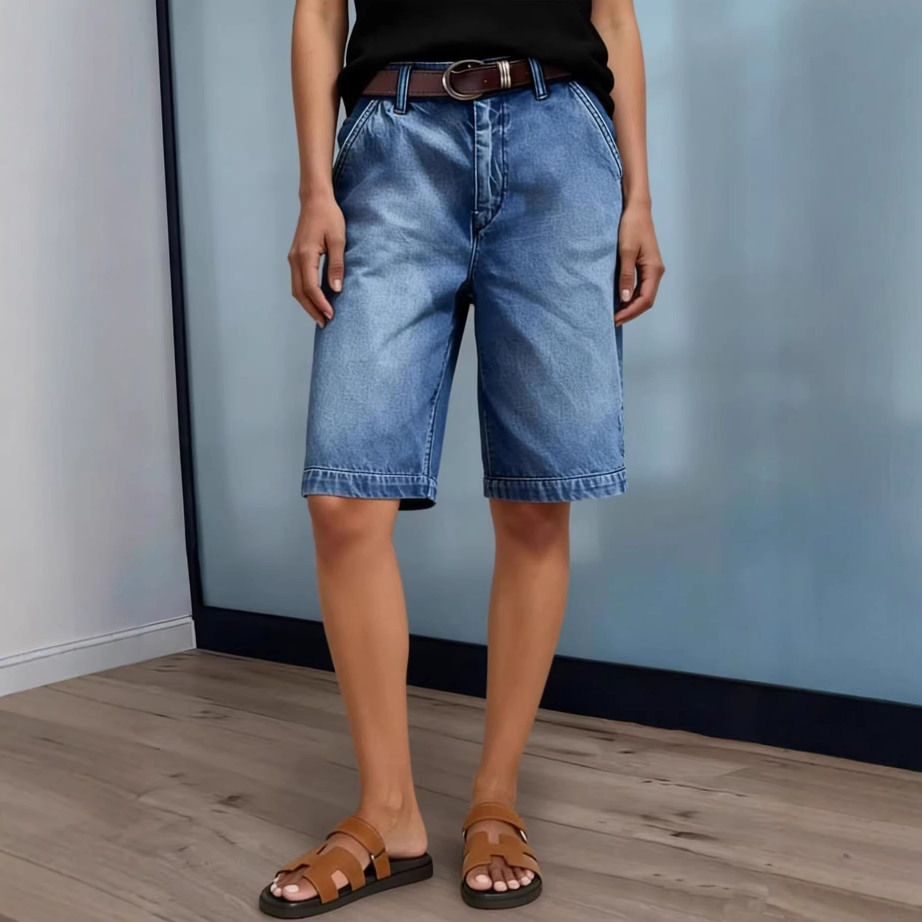 レディース膝丈デニムショートパンツ カジュアル ハイウエスト - Denim Shorts Women のレビューと価格