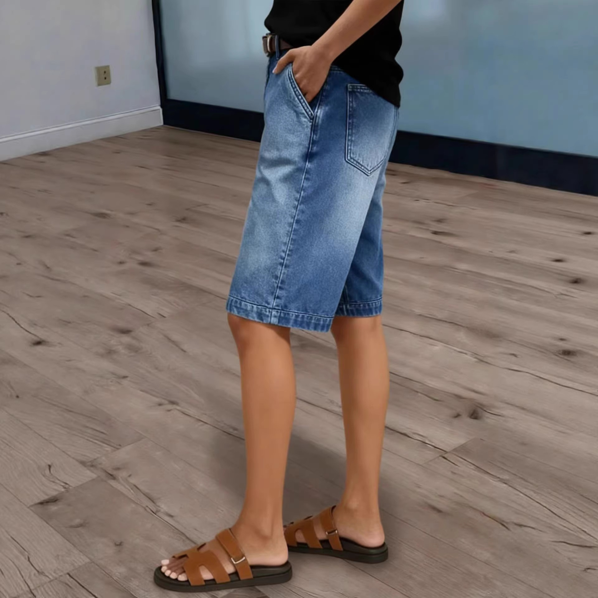 レディース膝丈デニムショートパンツ カジュアル ハイウエスト - Denim Shorts Women のレビューと価格