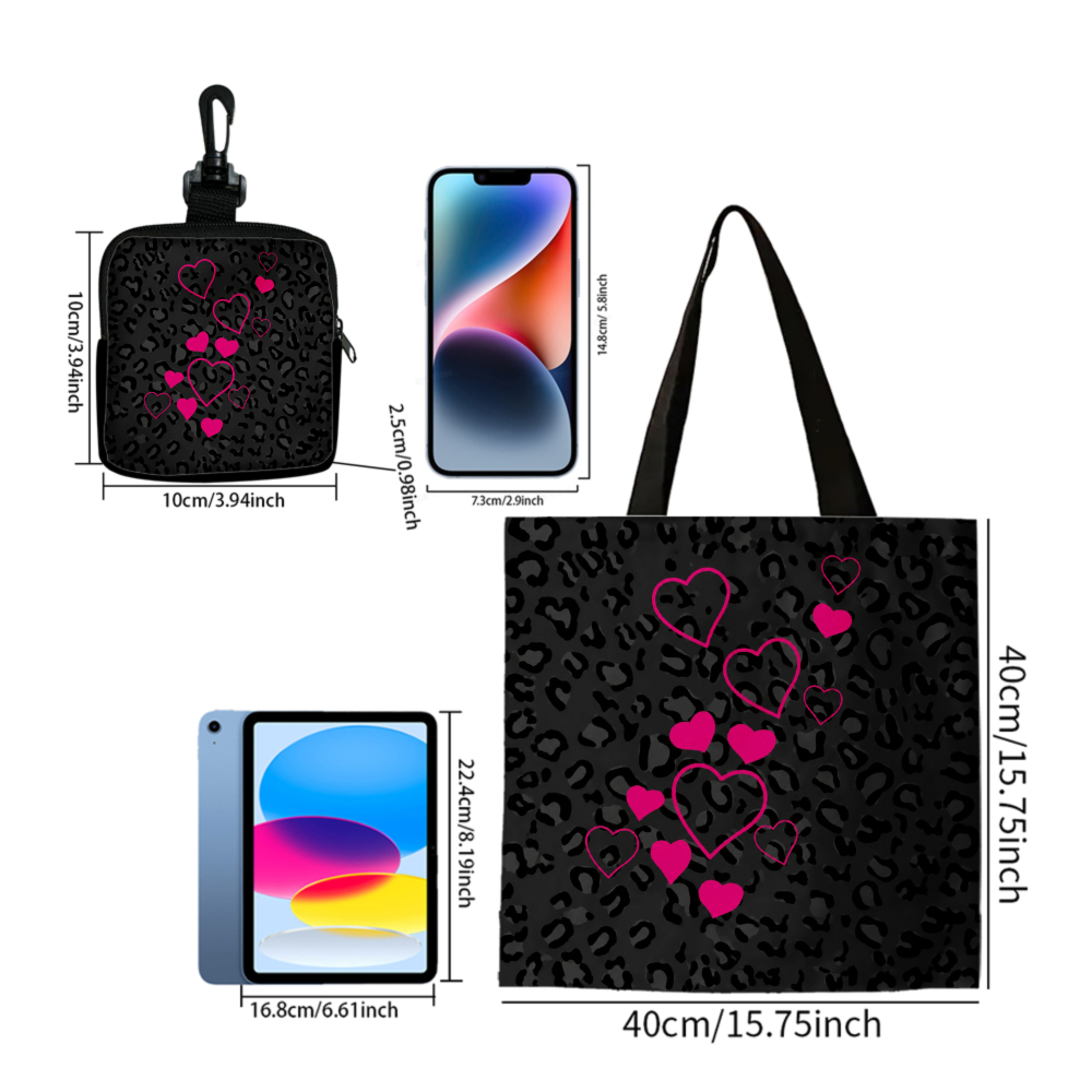 黒のレオパード柄とピンクのハート柄のトートバッグとお揃いのコ - Coin Purse Women のレビューと価格